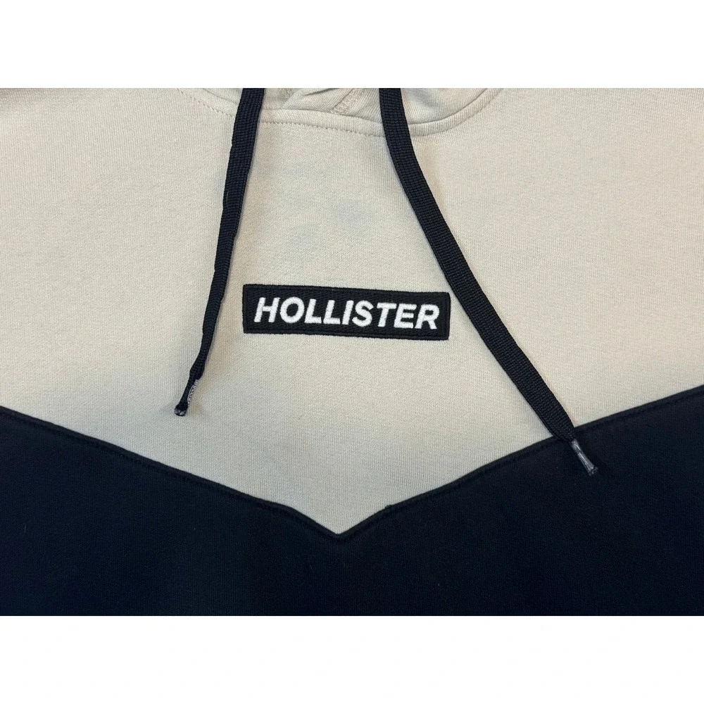 Hollister Mens Colorblock Hoodie Tan Black Chevron Logo Pullover Medium 322F2236